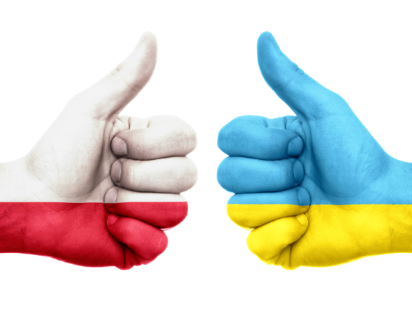 Dwie zwinięte dłonie z wystającym kciukiem w geście OK skierowane są ku sobie. Jedna pomalowana na biało-czerwono, a druga na niebiesko-żółto. Fot. pixabay.com