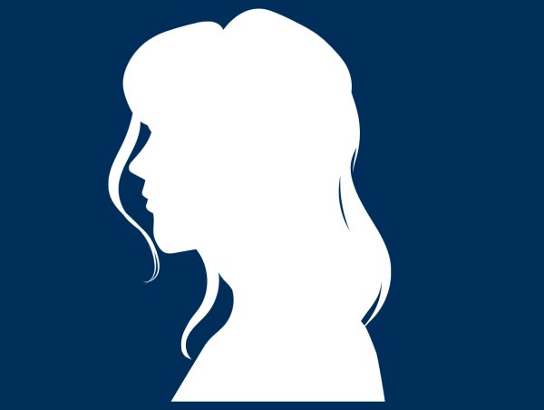 Grafika przedstawia biały kontur kobiecej twarzy widzianej z profilu. Tło jest granatowe.