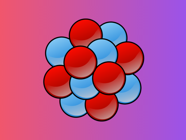 Zbiór czerwonych i niebieskich kulek. Czerwone symbolizują protony, niebieskie symbolizują neutrony.