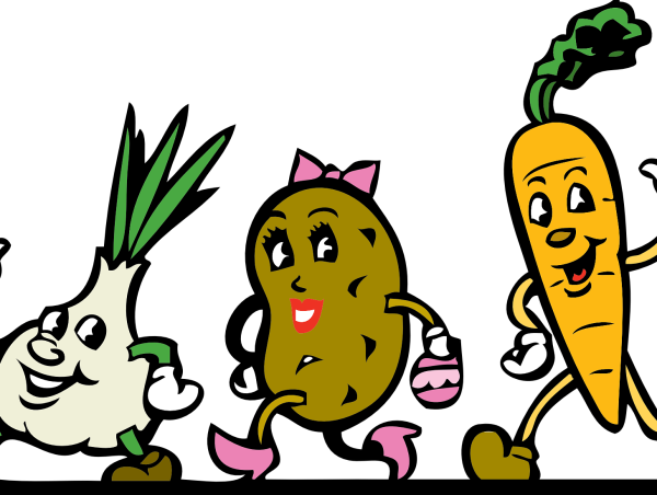 Grafika przedstawia narysowane cebulę, ziemniaka i marchew, które mają ludzkie części ciała: oczy, usta, ręce i nogi. Fot. Pixabay.com