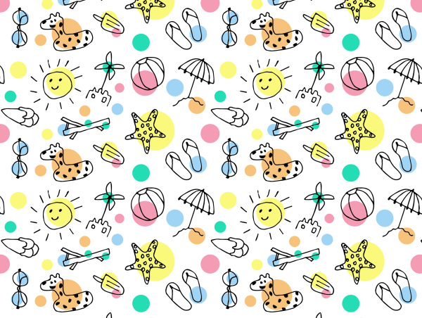 Różne proste rysunki: słońce, okulary, leżak, parasol, piłka, rozgwiazda itd. Fot. Pixabay.co,