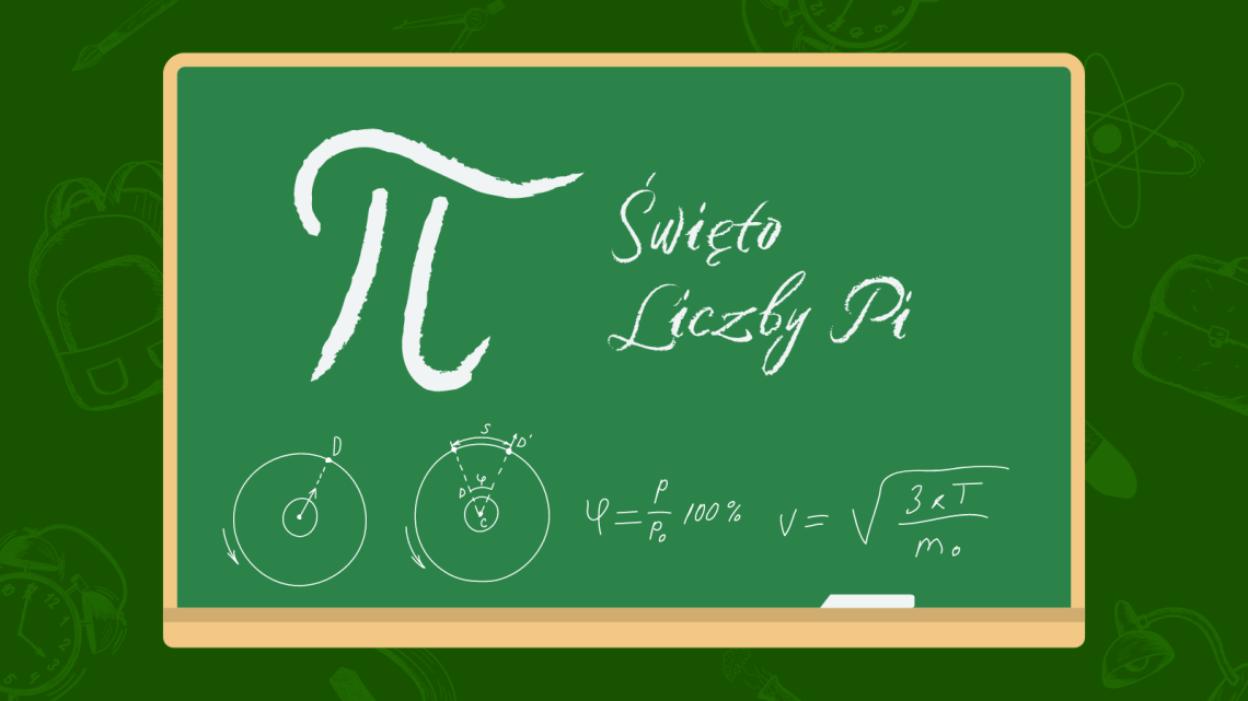 Na zielonej tablicy napisane są: symbol liczby Pi, fraza Święto Liczby Pi, dwa geometryczne rysunki koła oraz dwa matematyczne wzory (fot. Canva.com)