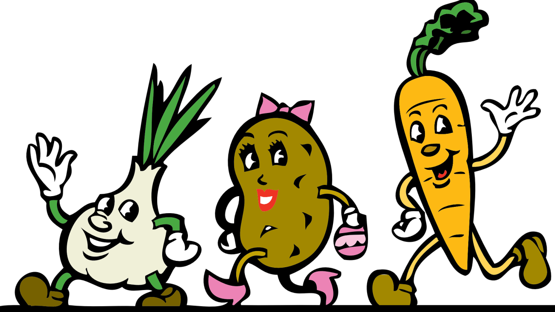 Grafika przedstawia narysowane cebulę, ziemniaka i marchew, które mają ludzkie części ciała: oczy, usta, ręce i nogi. Fot. Pixabay.com