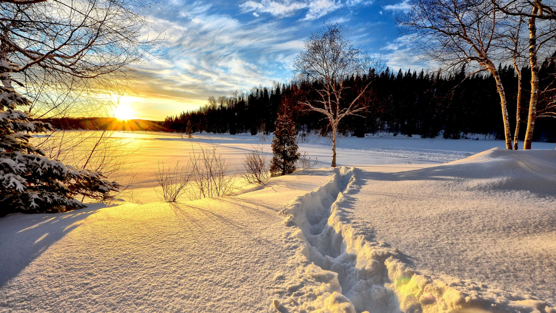 Zimowy pejzaż na tle zachodzącego słońca. Fot. Pixabay.com