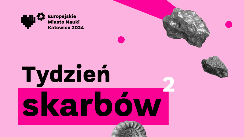 Grafika zawiera logotyp Europejskiego Miasta Nauki Katowice 2024, napis Tydzień Skarbów 2, napis styczeń 8–14, napis 50 tygodni w Mieście Nauki, zdjęcie minerału, zdjęcie amonitu oraz zdjęcie meteorytów