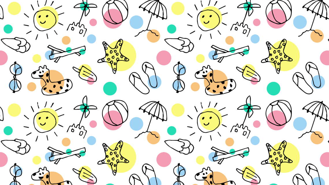 Różne proste rysunki: słońce, okulary, leżak, parasol, piłka, rozgwiazda itd. Fot. Pixabay.co,