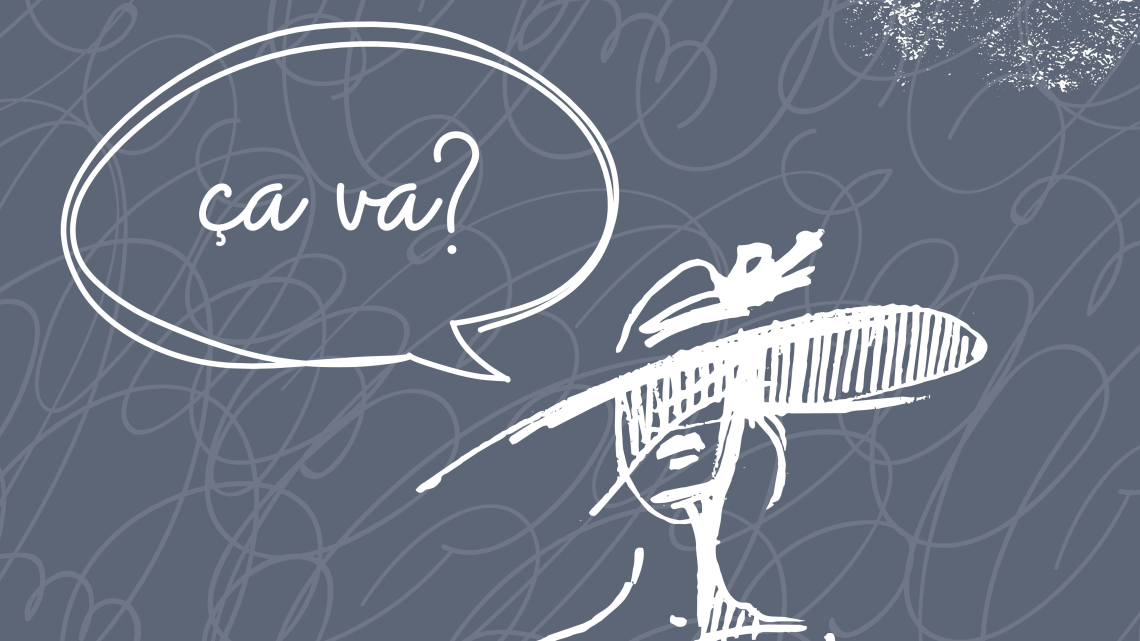 Szara grafika z narysowaną, jakby kredą na tablicy, kobiecą postacią w kapeluszu i napisem (w komiksowym dymku) Ca va?. Na dole napis 20 marca – Międzynarodowy Dzień Języka Francuskiego