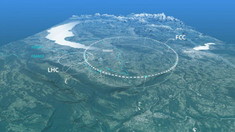 Mapa przedstawiająca lokalizację i wielkość FCC w porównaniu do LHC | CERN