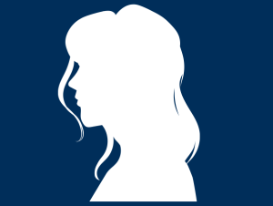 Grafika przedstawia biały kontur kobiecej twarzy widzianej z profilu. Tło jest granatowe.